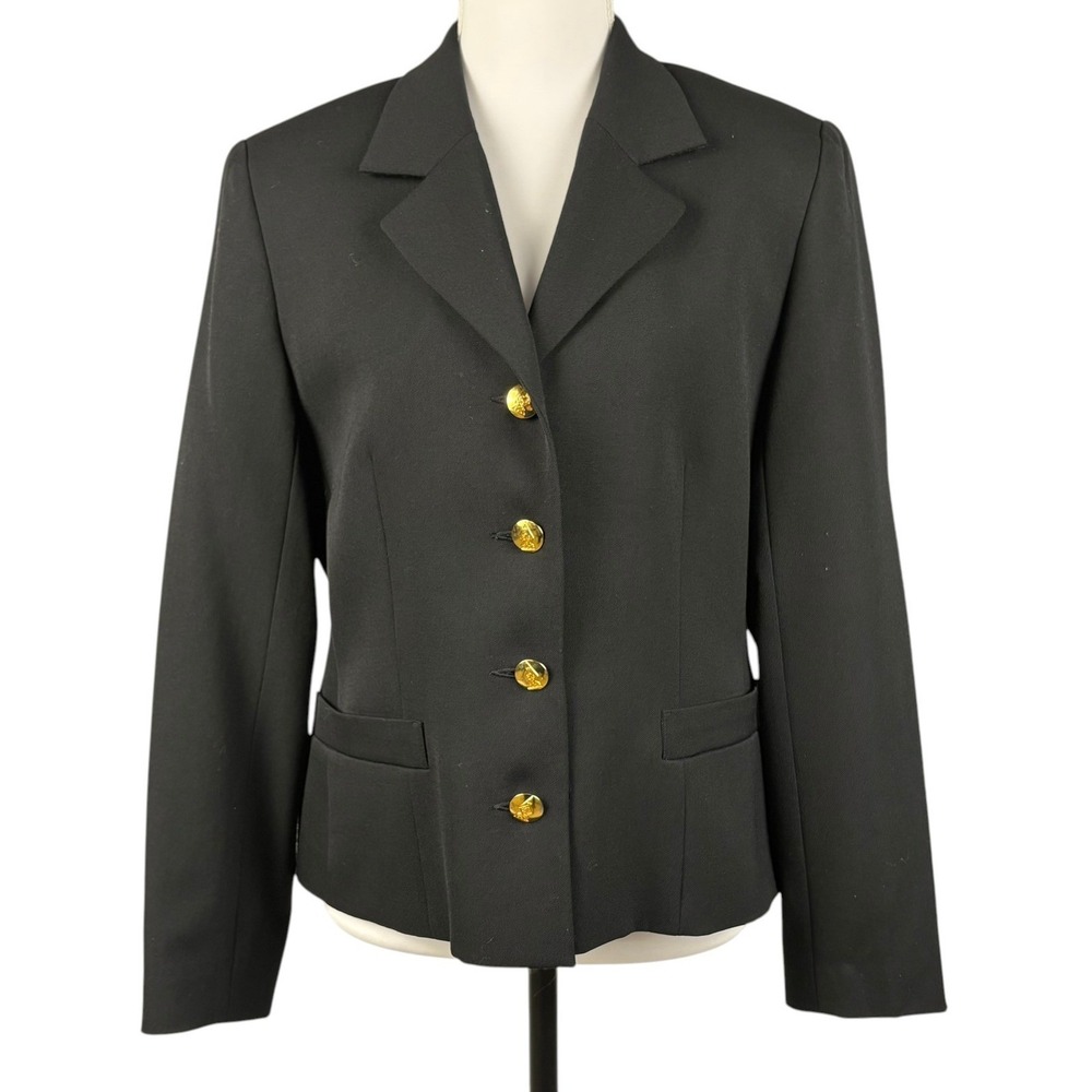 Austin Reed Black Worsted Wool Blazer Womens 8P Single Breasted Gold Buttons VTG